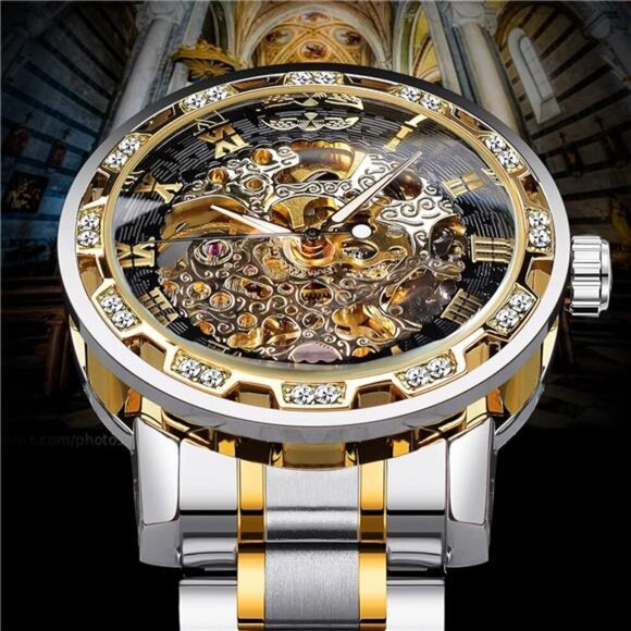 Retro Manual Mechanical Skeleton Watch with Diamond and Carving Flower Craft Men - Picture 2 of 7